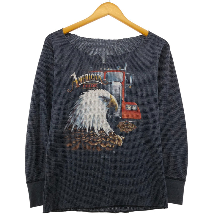 Eagle Pattern Cut-off V-neck Thermal Long T-shirt Waffle Women's S size unclear Charcoal Vintage Second Hand