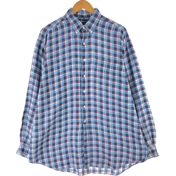 Ralph Lauren BIG SHIRT Check Pattern Long Sleeve Linen Button Down Shirt Men's L size linen Blue type light blue Vintage Second Hand