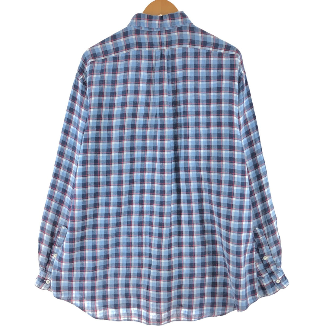 Ralph Lauren BIG SHIRT Check Pattern Long Sleeve Linen Button Down Shirt Men's L size linen Blue type light blue Vintage Second Hand
