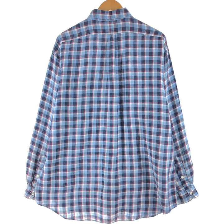 Ralph Lauren BIG SHIRT Check Pattern Long Sleeve Linen Button Down Shirt Men's L size linen Blue type light blue Vintage Second Hand