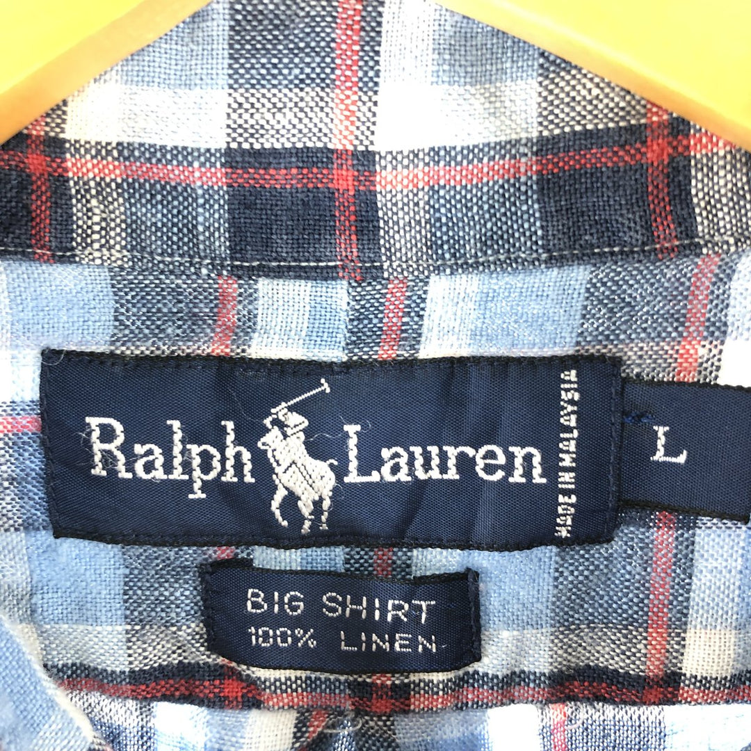 Ralph Lauren BIG SHIRT Check Pattern Long Sleeve Linen Button Down Shirt Men's L size linen Blue type light blue Vintage Second Hand