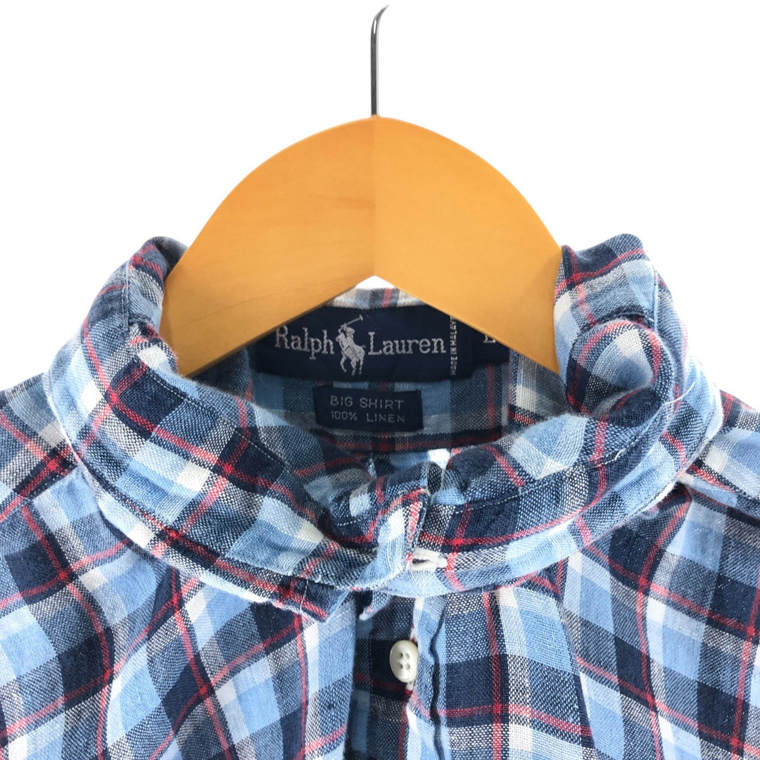 Ralph Lauren BIG SHIRT Check Pattern Long Sleeve Linen Button Down Shirt Men's L size linen Blue type light blue Vintage Second Hand