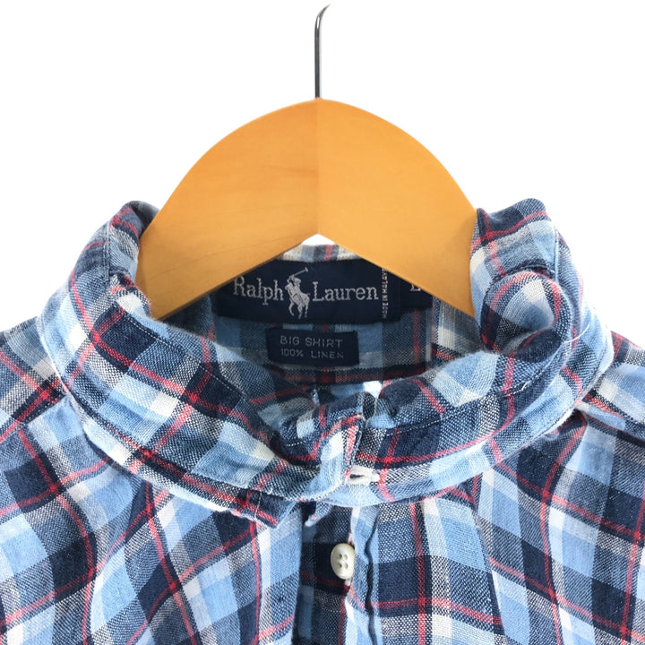 Ralph Lauren BIG SHIRT Check Pattern Long Sleeve Linen Button Down Shirt Men's L size linen Blue type light blue Vintage Second Hand