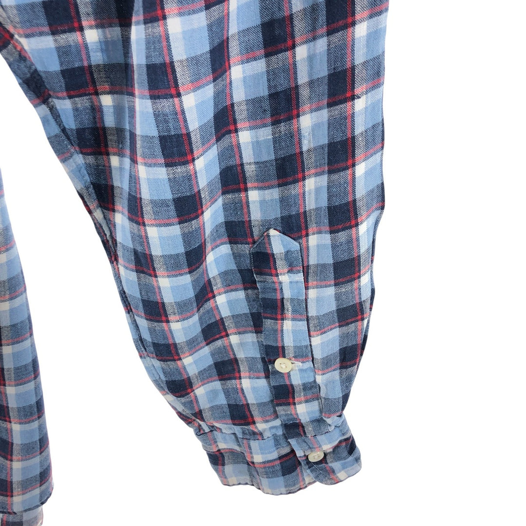 Ralph Lauren BIG SHIRT Check Pattern Long Sleeve Linen Button Down Shirt Men's L size linen Blue type light blue Vintage Second Hand
