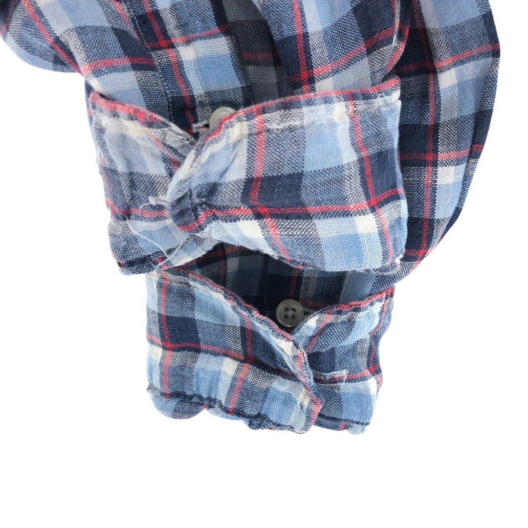 Ralph Lauren BIG SHIRT Check Pattern Long Sleeve Linen Button Down Shirt Men's L size linen Blue type light blue Vintage Second Hand