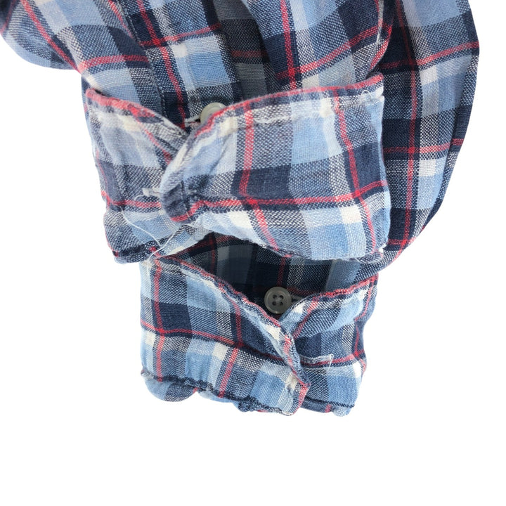 Ralph Lauren BIG SHIRT Check Pattern Long Sleeve Linen Button Down Shirt Men's L size linen Blue type light blue Vintage Second Hand