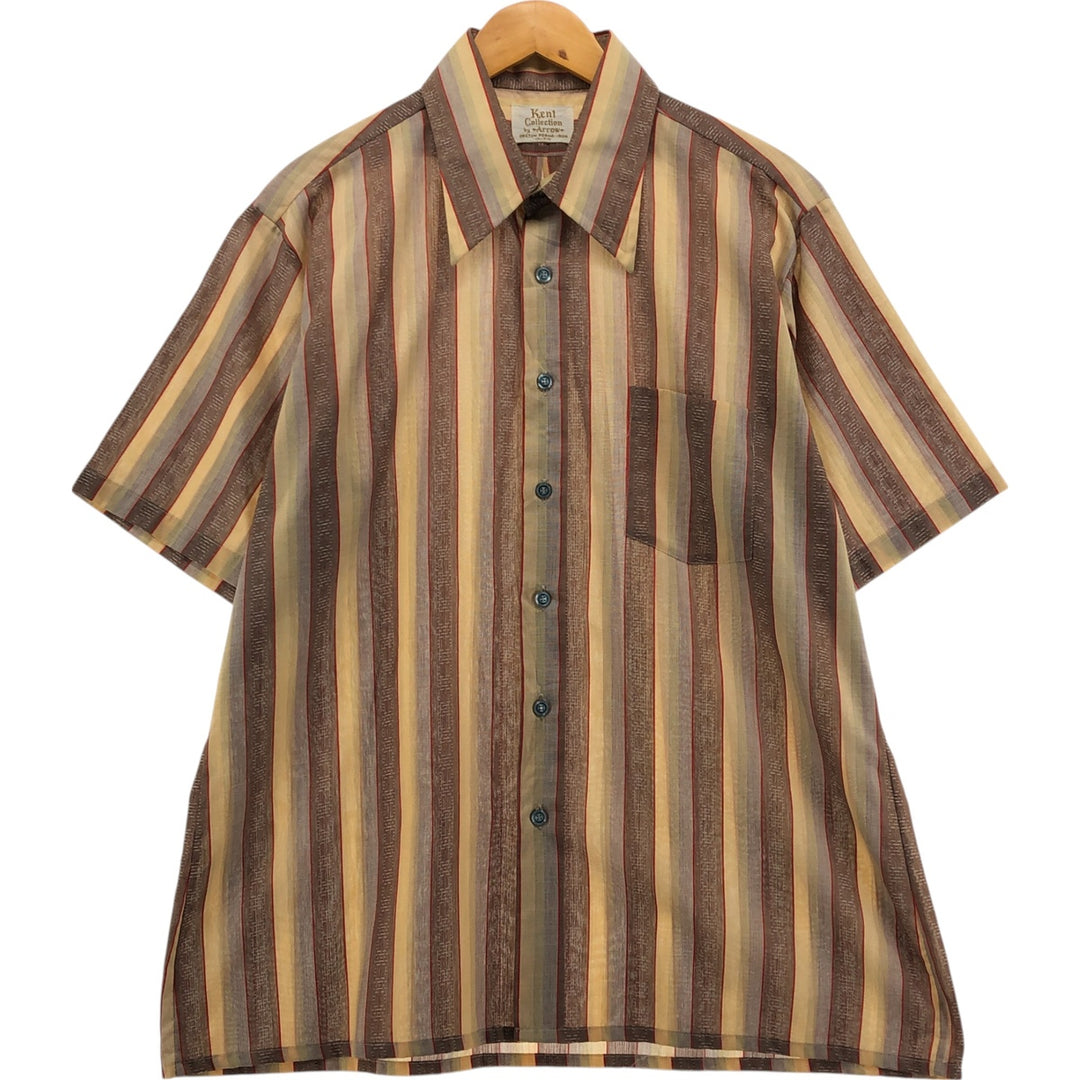 Big size 70'S Arrow Kent Collection Stripe Pattern Short Sleeve Box Shirt Men's XXXL equivalent Vintage polyester Beige type Vintage Second Hand