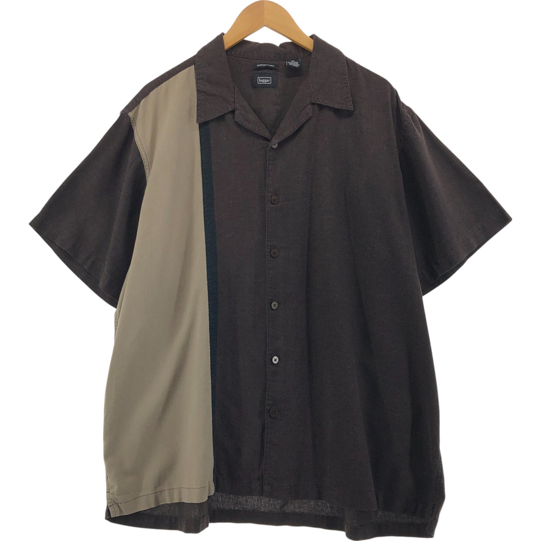Haggar Two-Tone Short Sleeve Rayon and Linen Open Collar Box Shirt, Men's Size XXL linen brown type Vintage Second Hand
