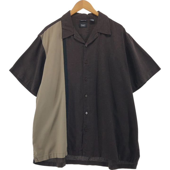 Haggar Two-Tone Short Sleeve Rayon and Linen Open Collar Box Shirt, Men's Size XXL linen brown type Vintage Second Hand