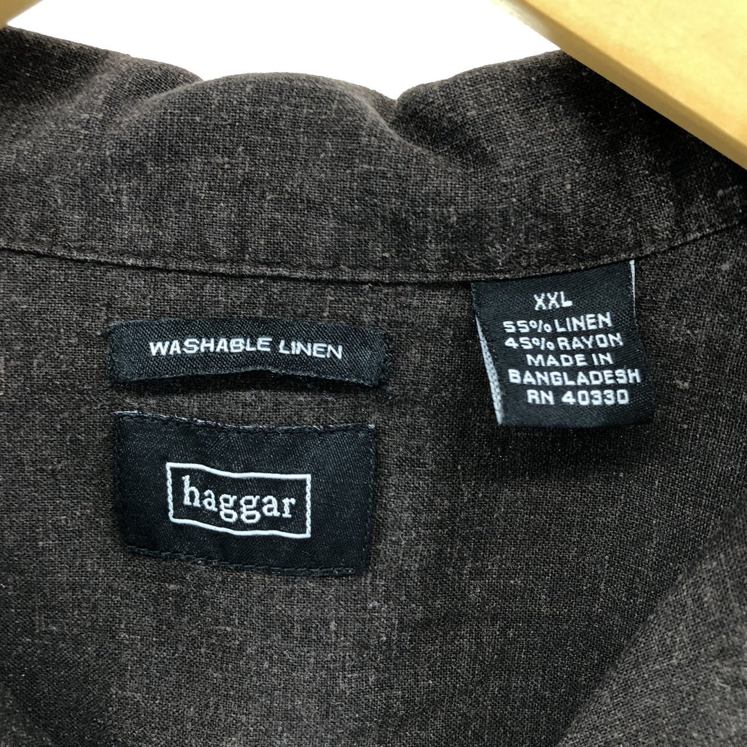 Haggar Two-Tone Short Sleeve Rayon and Linen Open Collar Box Shirt, Men's Size XXL linen brown type Vintage Second Hand