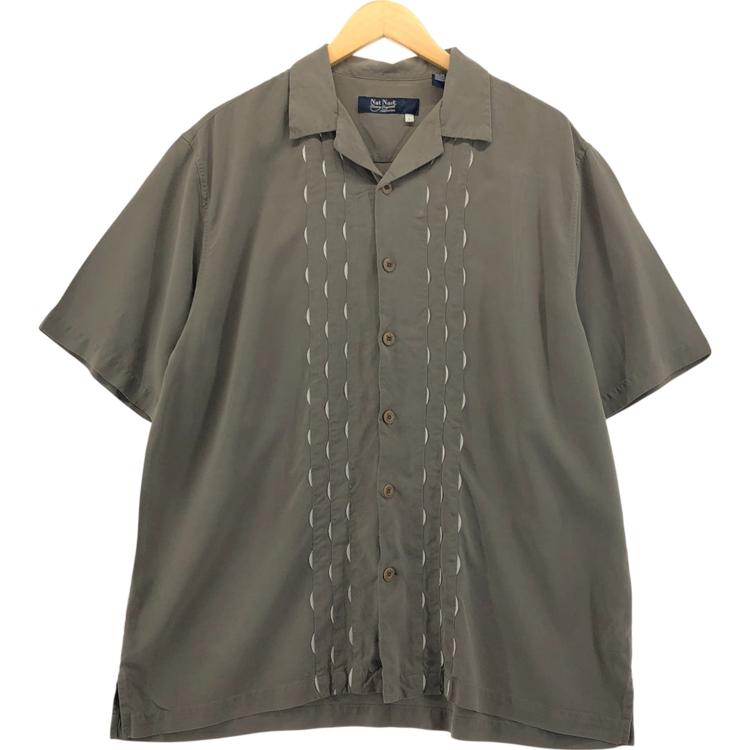 Nat Nast Two-Tone Short Sleeve Open Collar Silk Shirt, Men's Size L silk Khaki type sage green Vintage Second Hand