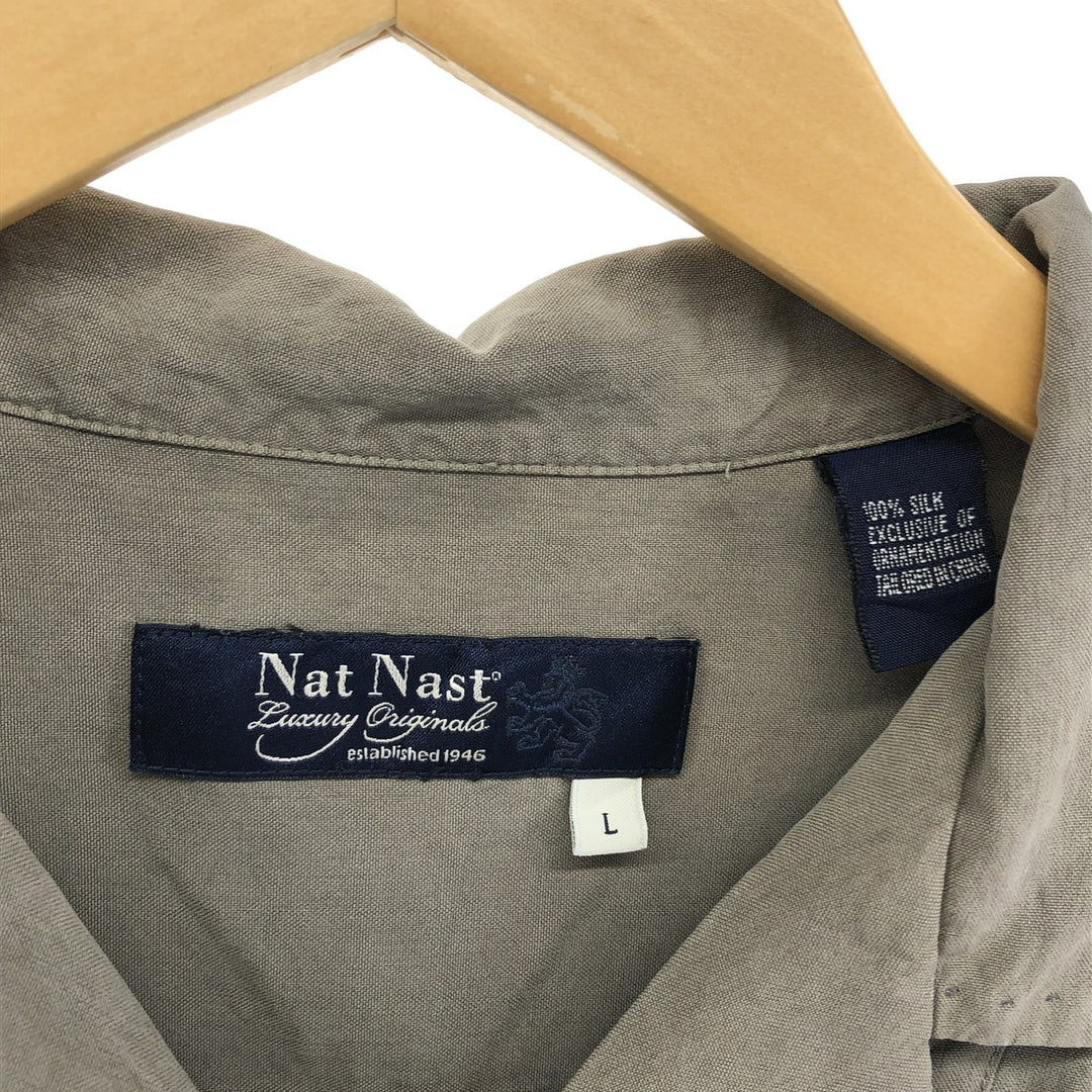 Nat Nast Two-Tone Short Sleeve Open Collar Silk Shirt, Men's Size L silk Khaki type sage green Vintage Second Hand