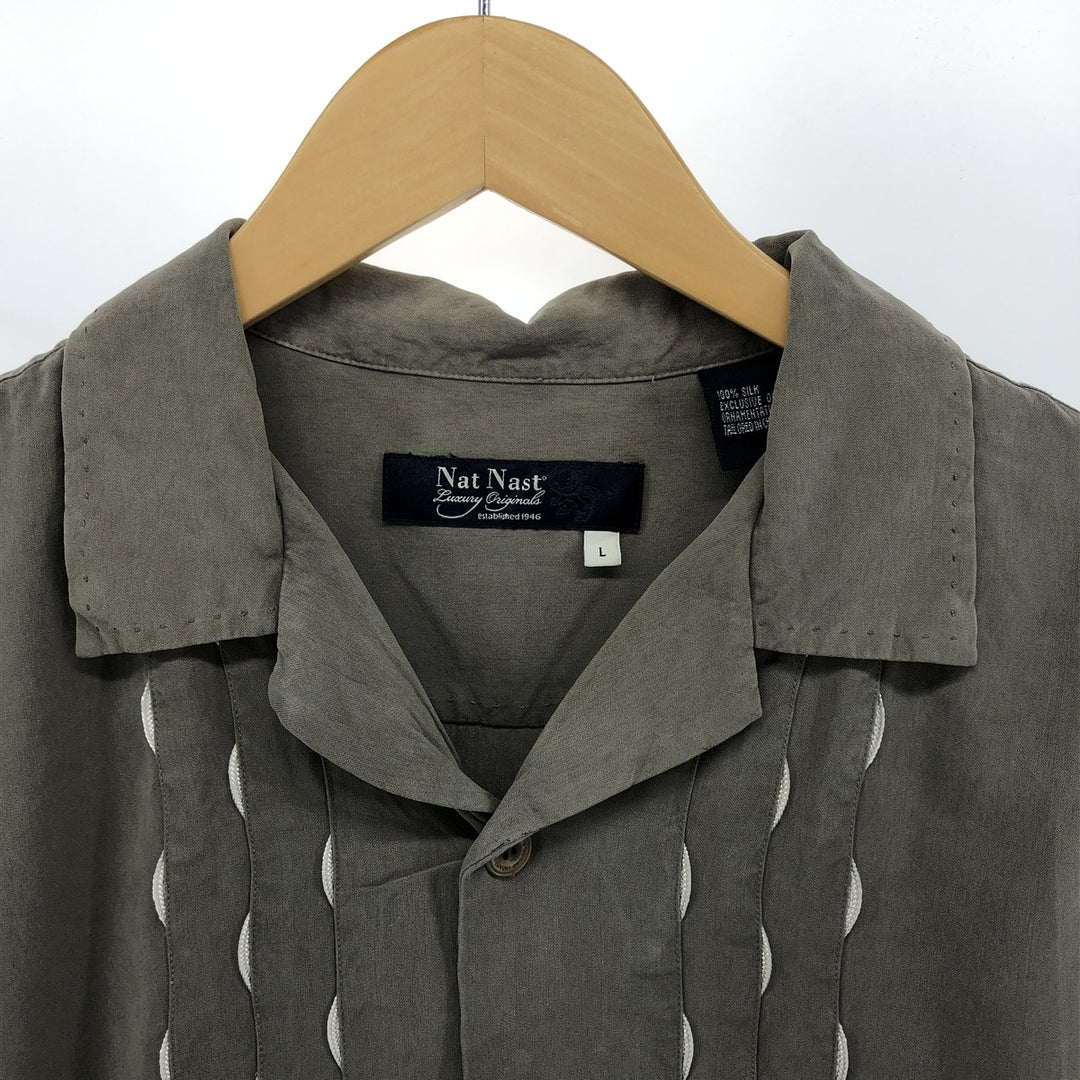 Nat Nast Two-Tone Short Sleeve Open Collar Silk Shirt, Men's Size L silk Khaki type sage green Vintage Second Hand