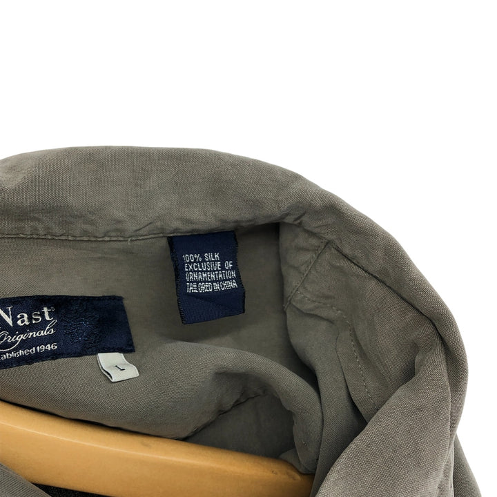 Nat Nast Two-Tone Short Sleeve Open Collar Silk Shirt, Men's Size L silk Khaki type sage green Vintage Second Hand
