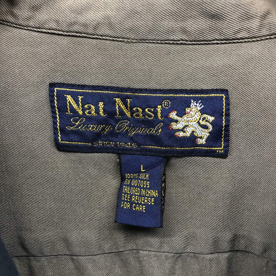 Nat Nast Two-Tone Short Sleeve Open Collar Silk Box Shirt, Men's Size L silk Khaki type sage green Vintage Second Hand