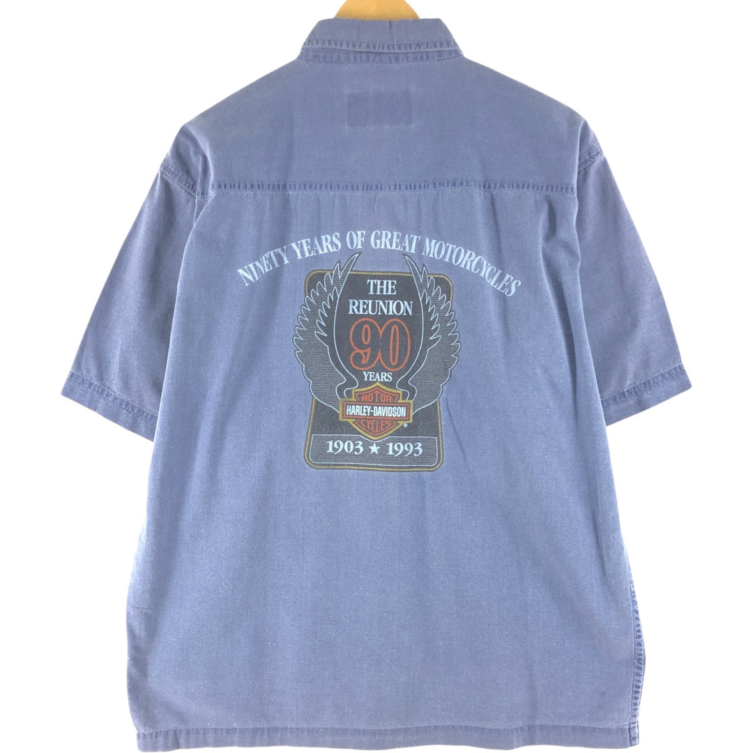 Harley-Davidson Eagle Pattern Short Sleeve Work Shirt Box Shirt Men's L Size cotton blue type Vintage Second Hand