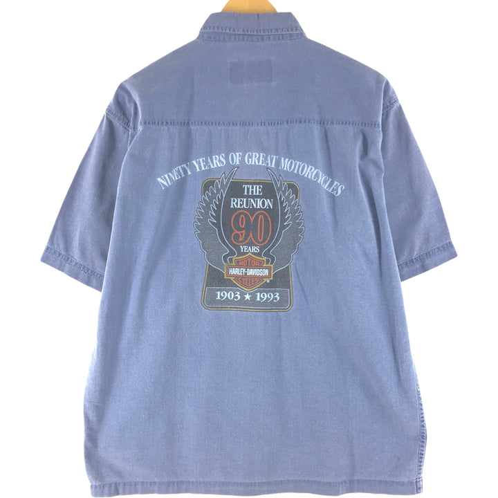 Harley-Davidson Eagle Pattern Short Sleeve Work Shirt Box Shirt Men's L Size cotton blue type Vintage Second Hand