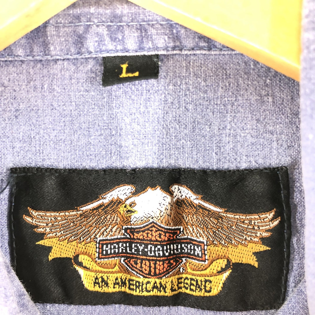 Harley-Davidson Eagle Pattern Short Sleeve Work Shirt Box Shirt Men's L Size cotton blue type Vintage Second Hand
