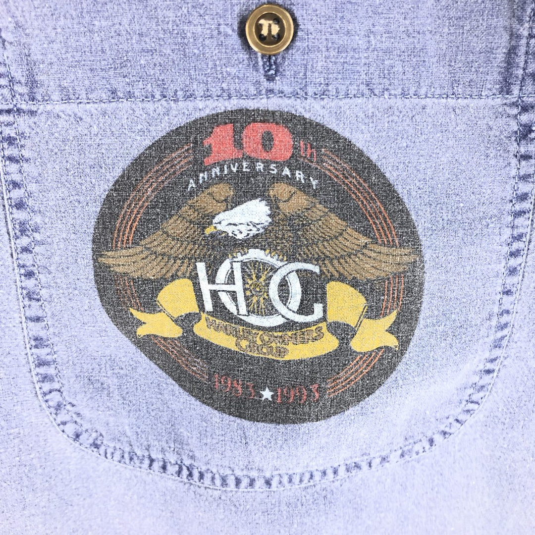 Harley-Davidson Eagle Pattern Short Sleeve Work Shirt Box Shirt Men's L Size cotton blue type Vintage Second Hand