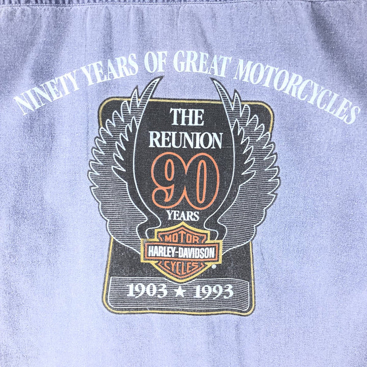 Harley-Davidson Eagle Pattern Short Sleeve Work Shirt Box Shirt Men's L Size cotton blue type Vintage Second Hand