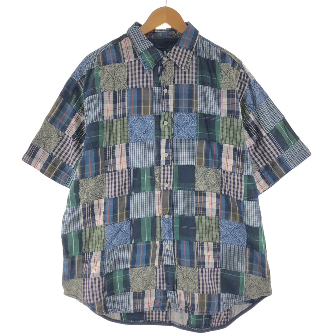 GAP Patchwork Short Sleeve Button-Down Check Shirt, Men's Size XL cotton navy blue type Vintage Second Hand