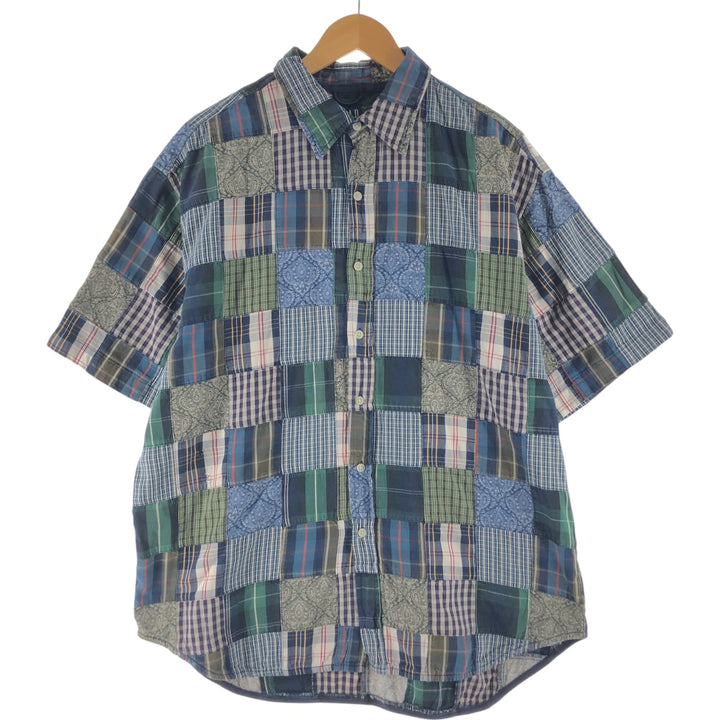GAP Patchwork Short Sleeve Button-Down Check Shirt, Men's Size XL cotton navy blue type Vintage Second Hand