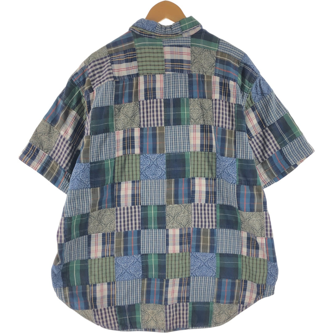 GAP Patchwork Short Sleeve Button-Down Check Shirt, Men's Size XL cotton navy blue type Vintage Second Hand