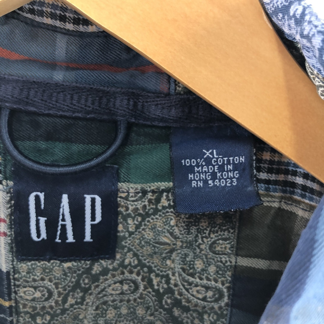 GAP Patchwork Short Sleeve Button-Down Check Shirt, Men's Size XL cotton navy blue type Vintage Second Hand