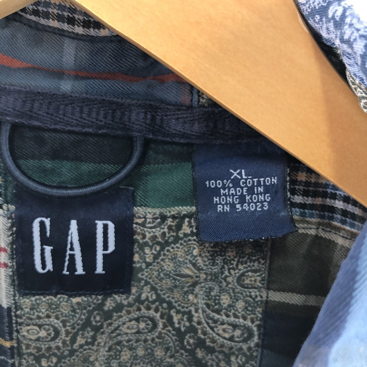 GAP Patchwork Short Sleeve Button-Down Check Shirt, Men's Size XL cotton navy blue type Vintage Second Hand