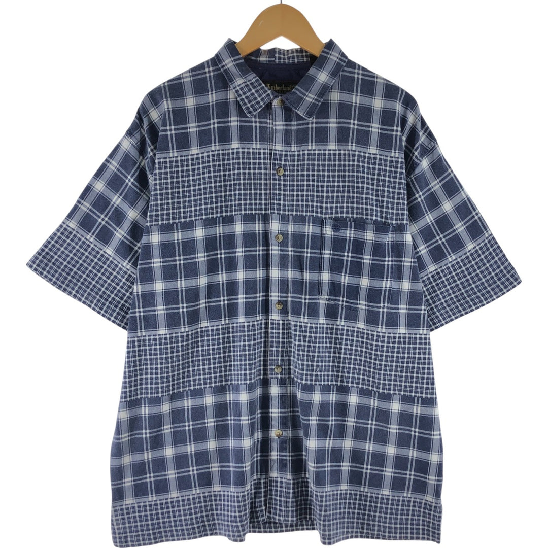 Timberland Short Sleeve Cotton Check Box Shirt, Men's Size Medium cotton navy blue type Vintage Second Hand