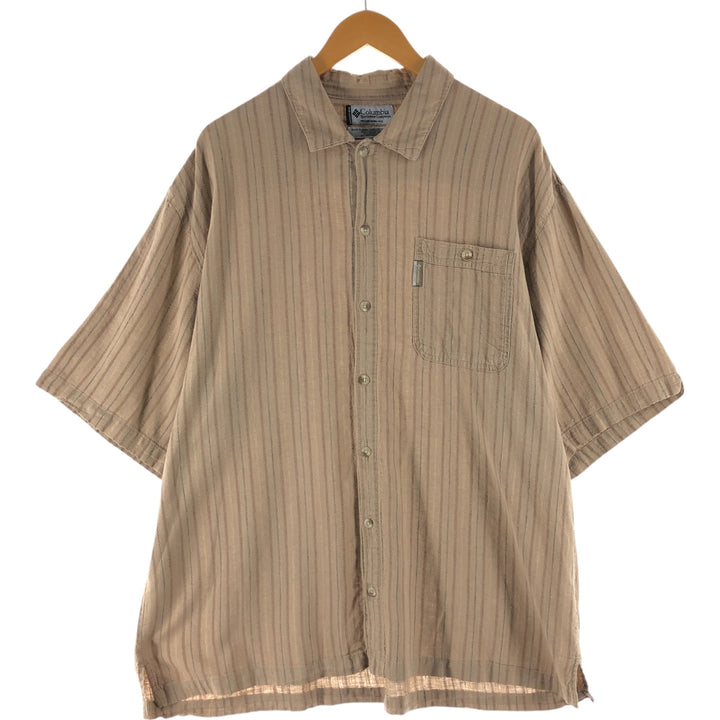 Columbia Stripe Pattern Short Sleeve Cotton x Linen Shirt Box Shirt Men's XL linen beige type brown Vintage Second Hand