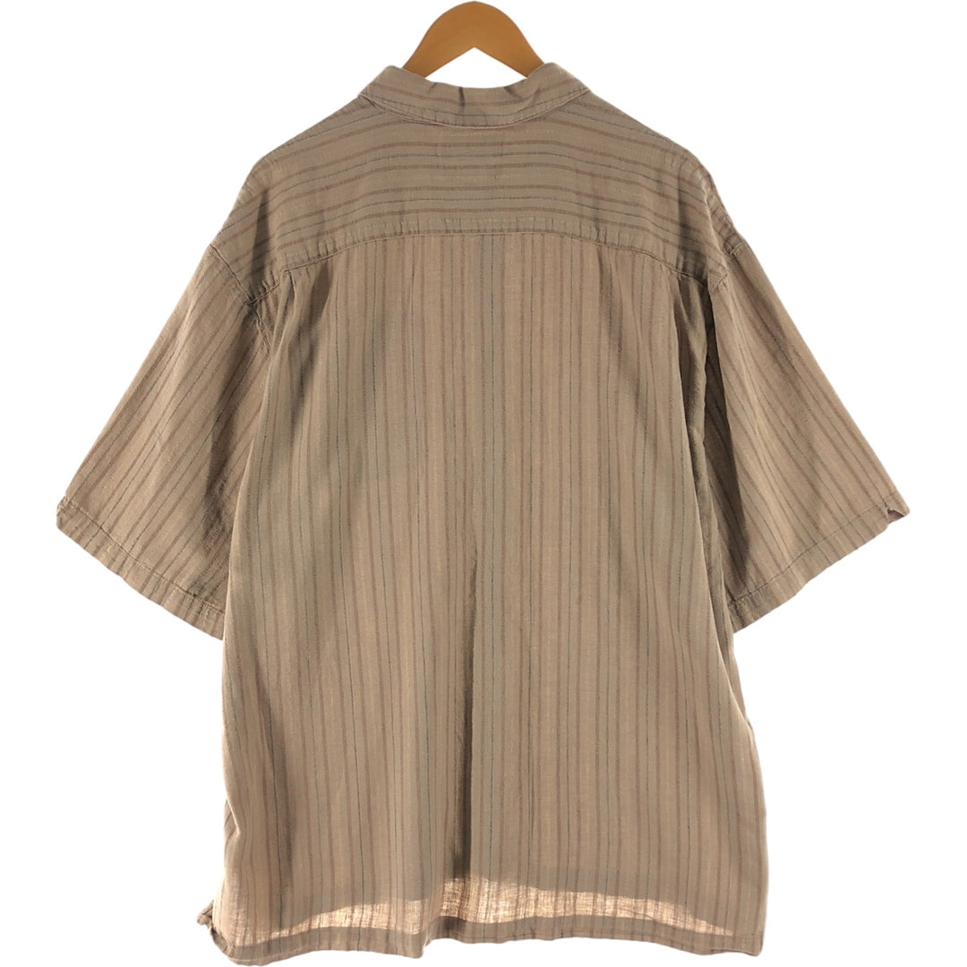 Columbia Stripe Pattern Short Sleeve Cotton x Linen Shirt Box Shirt Men's XL linen beige type brown Vintage Second Hand