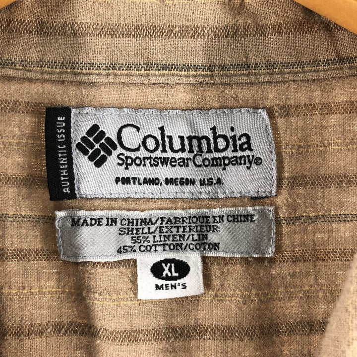 Columbia Stripe Pattern Short Sleeve Cotton x Linen Shirt Box Shirt Men's XL linen beige type brown Vintage Second Hand