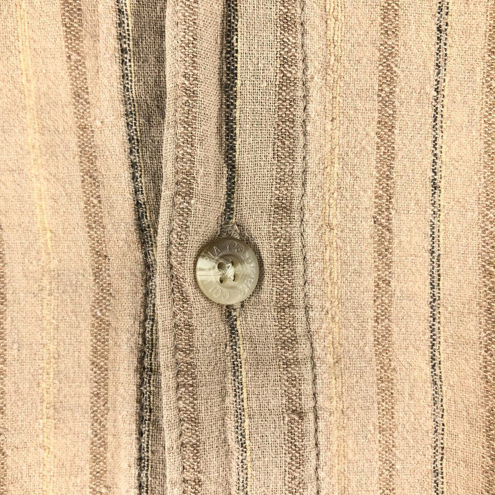 Columbia Stripe Pattern Short Sleeve Cotton x Linen Shirt Box Shirt Men's XL linen beige type brown Vintage Second Hand