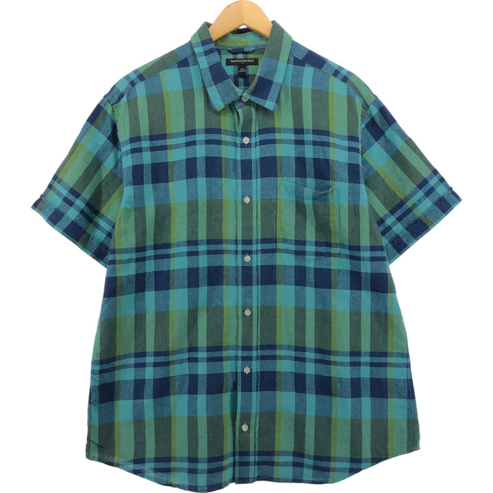 Banana Republic Check Pattern Short Sleeve Cotton x Linen Shirt Men's XL linen green type Vintage Second Hand