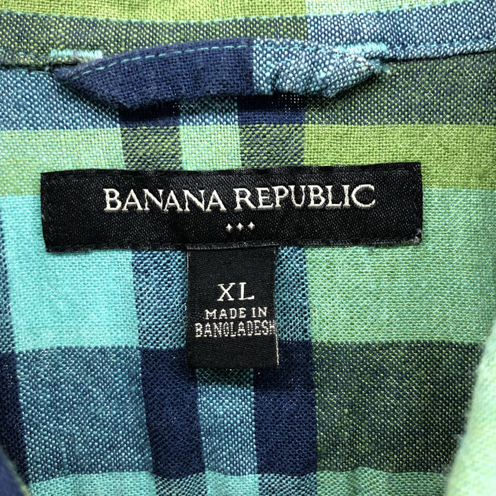 Banana Republic Check Pattern Short Sleeve Cotton x Linen Shirt Men's XL linen green type Vintage Second Hand