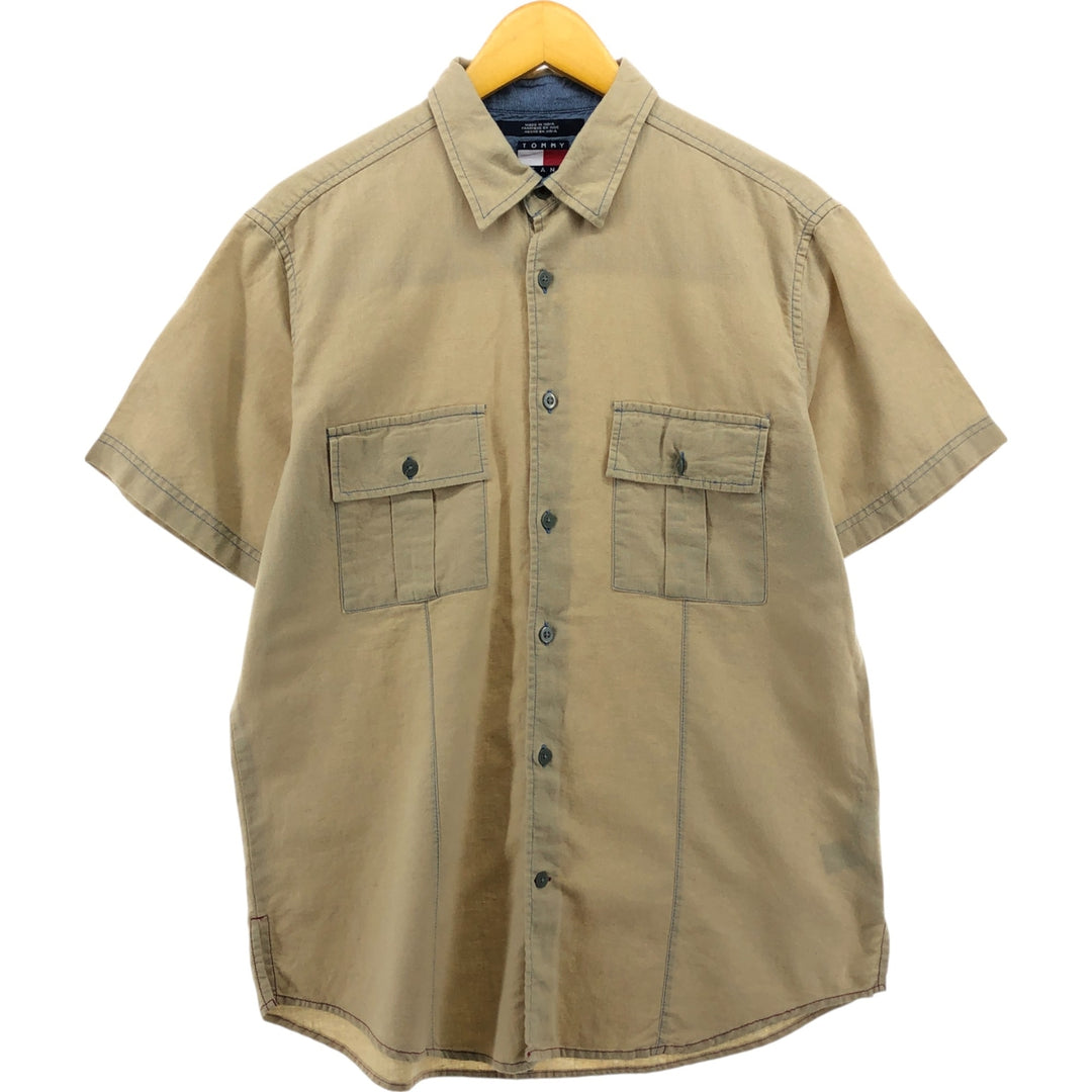 Tommy Hilfiger short sleeve cotton x linen shirt, men's size M cotton Beige type Vintage Second Hand