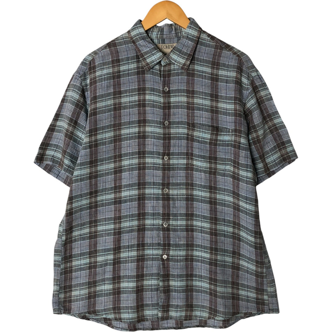 J.Crew Check Pattern Short Sleeve Linen Shirt, Men's Size L linen Blue type light blue Vintage Second Hand
