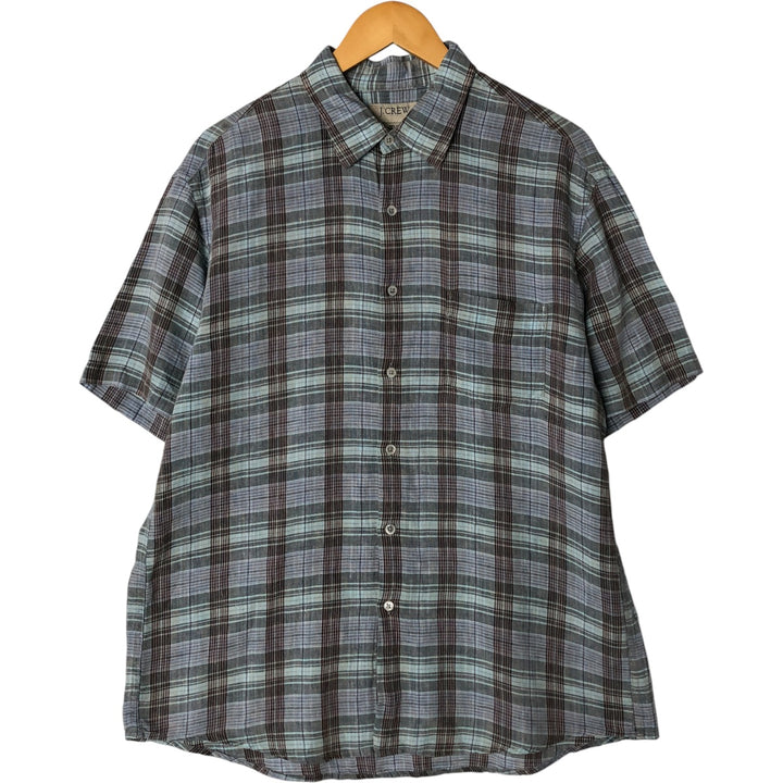 J.Crew Check Pattern Short Sleeve Linen Shirt, Men's Size L linen Blue type light blue Vintage Second Hand