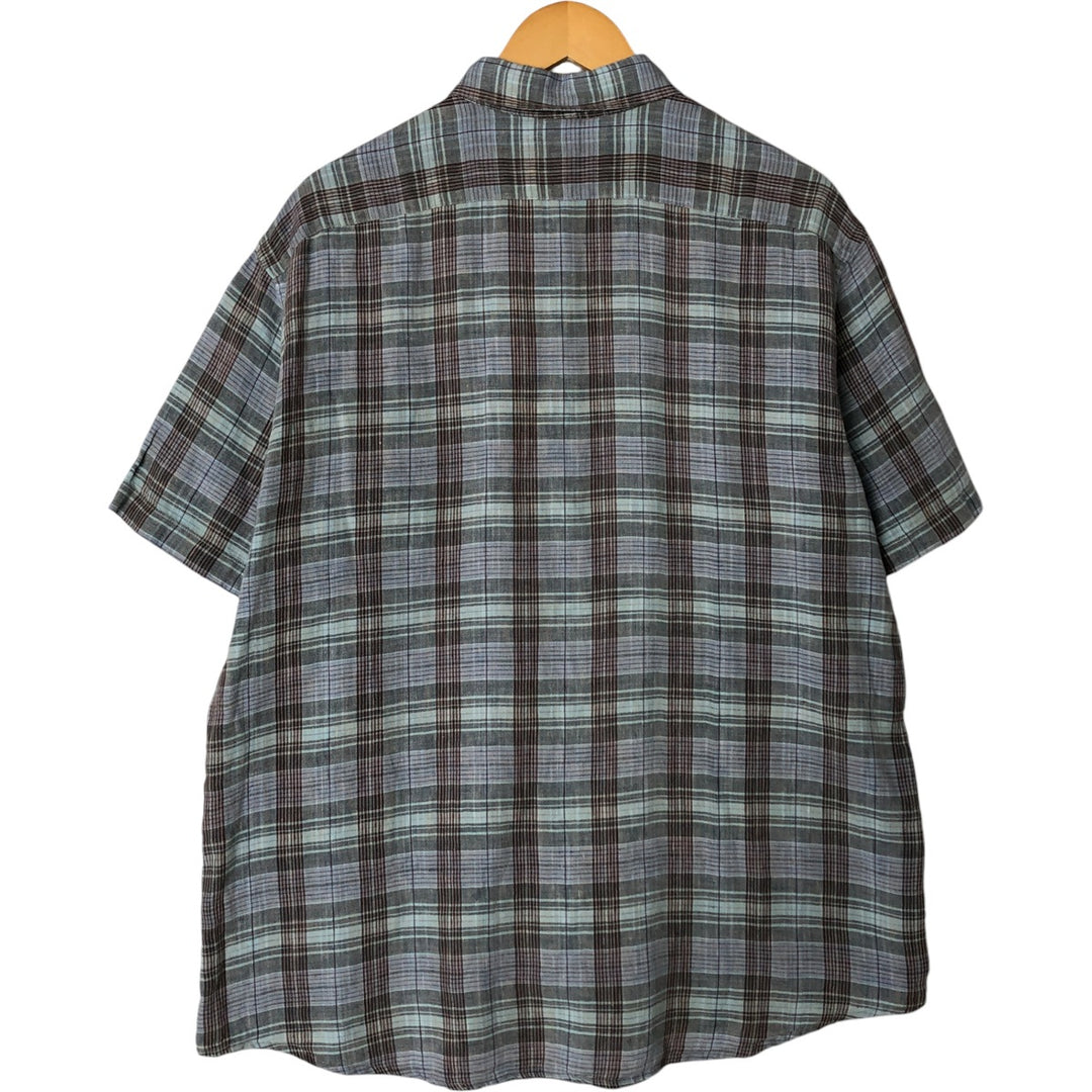 J.Crew Check Pattern Short Sleeve Linen Shirt, Men's Size L linen Blue type light blue Vintage Second Hand