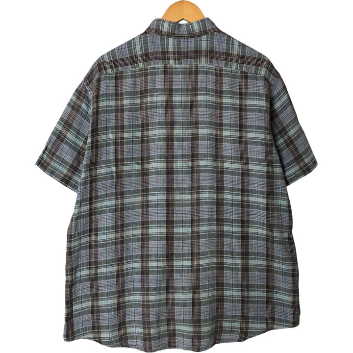 J.Crew Check Pattern Short Sleeve Linen Shirt, Men's Size L linen Blue type light blue Vintage Second Hand