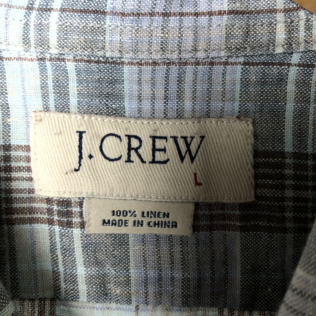J.Crew Check Pattern Short Sleeve Linen Shirt, Men's Size L linen Blue type light blue Vintage Second Hand