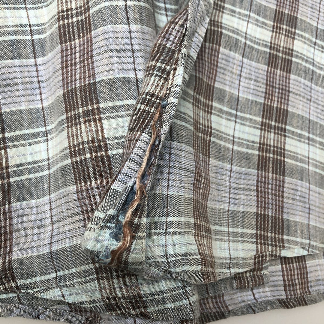 J.Crew Check Pattern Short Sleeve Linen Shirt, Men's Size L linen Blue type light blue Vintage Second Hand