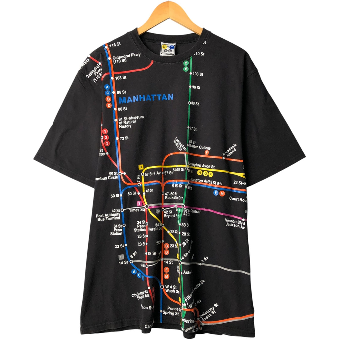 2000'S New York City Subway Line Large Print T-Shirt, Men's Size XL cotton black type Vintage Second Hand