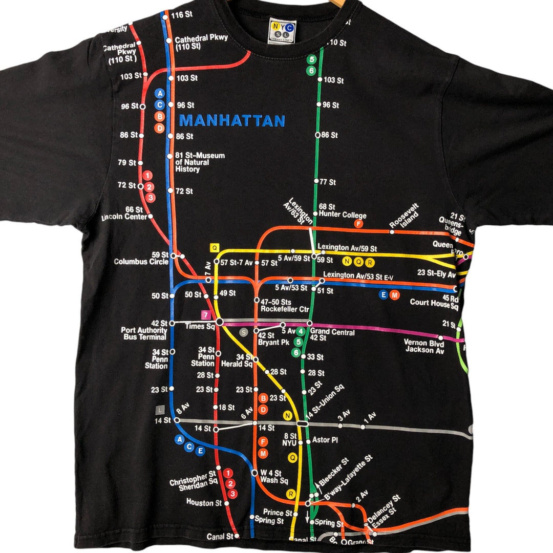 2000'S New York City Subway Line Large Print T-Shirt, Men's Size XL cotton black type Vintage Second Hand