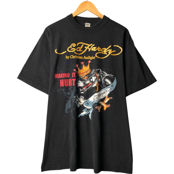 Ed Hardy ED HARDY short sleeve printed T-shirt, men's size XL cotton black type Vintage Second Hand