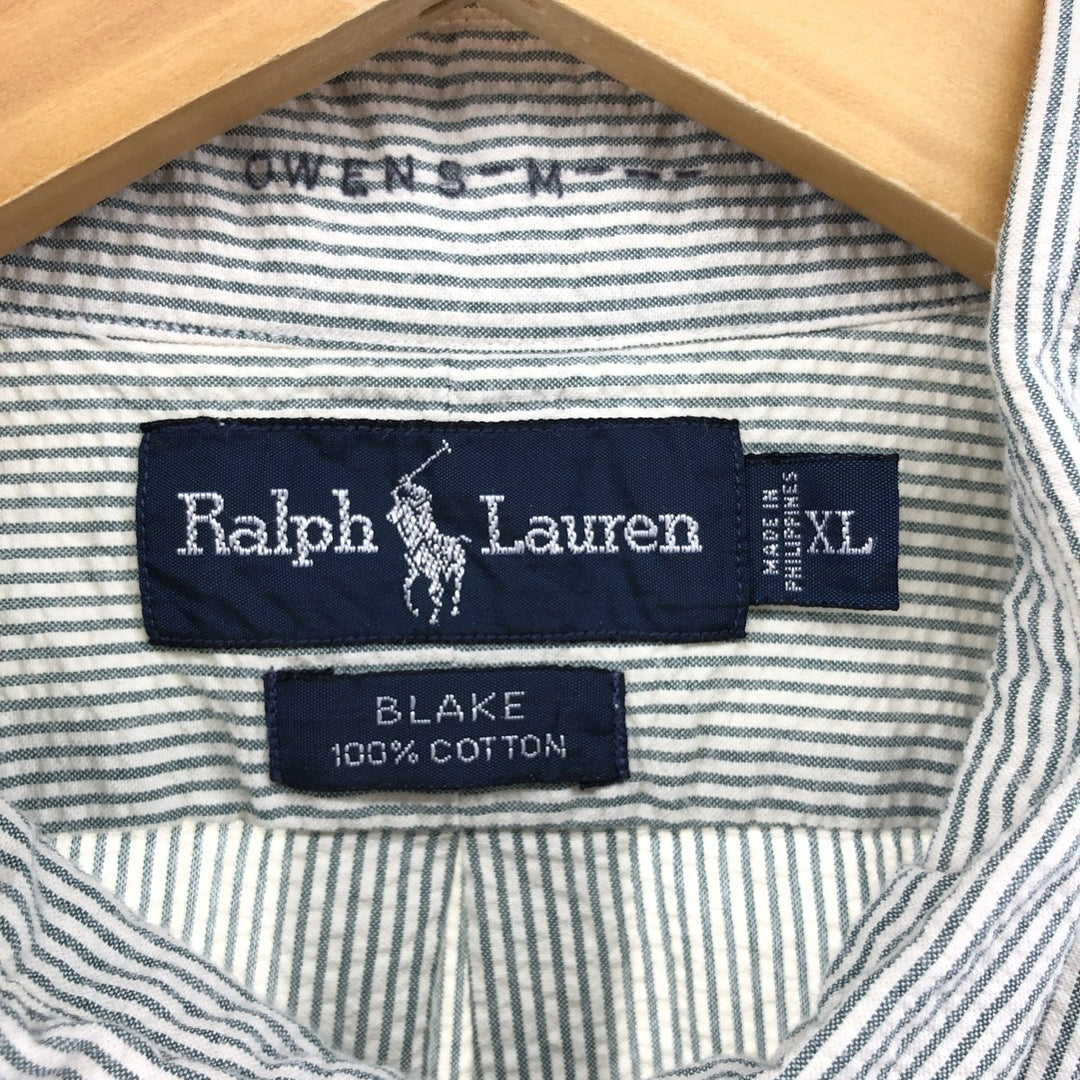 Ralph Lauren BLAKE Seersucker Short Sleeve Button Down Striped Shirt Men's XL cotton green type Vintage Second Hand