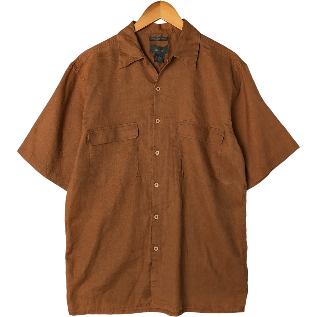 BRUNO Short Sleeve Open Collar Linen Shirt, Box Shirt, Men's Size M linen brown type Vintage Second Hand
