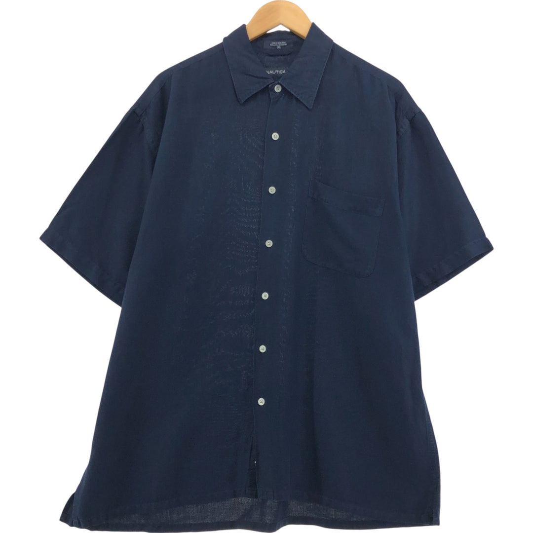 00s~ NAUTICA Short Sleeve Linen Shirt, Box Shirt, Men's XL Size linen navy blue type Vintage Second Hand
