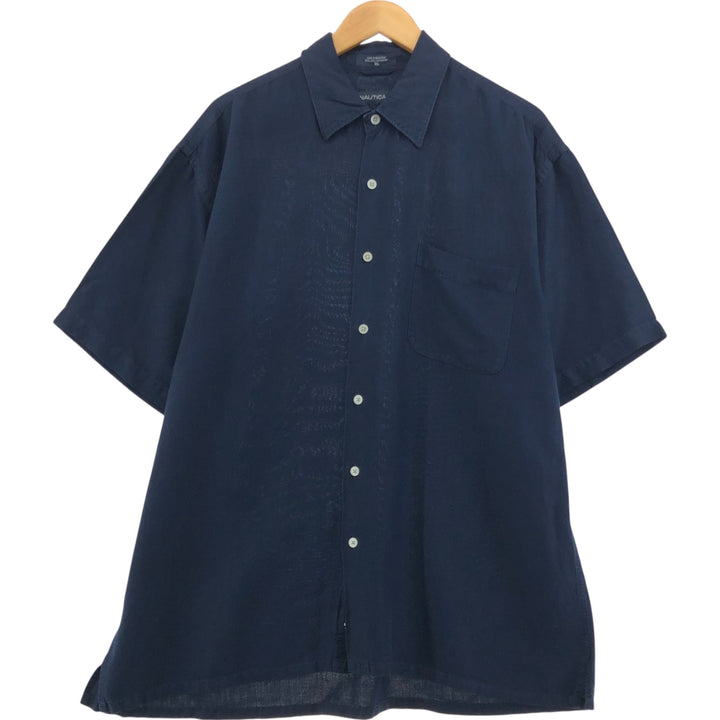 00s~ NAUTICA Short Sleeve Linen Shirt, Box Shirt, Men's XL Size linen navy blue type Vintage Second Hand